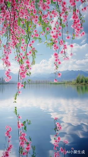 湖面上梦幻深粉红色和绿色挂刷子花朵的超高清远景