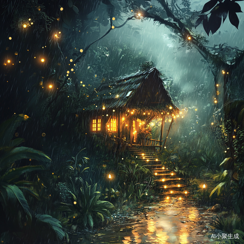 傍晚丛林深处小屋灯火与细雨交织