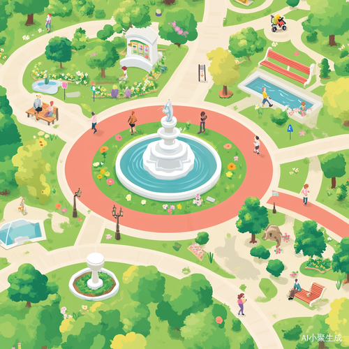 "Isometric park map illustration with soft pastel colors, clean sans-serif English labels, flat design style. Central multi-tiered fountain with dolphin statue, surrounded by seasonal flower beds. Red permeable brick pathway winding through the scene connects: 1. Rainbow playground with slideclimbing frame and 'Safe Surface' sign 2. Ecological pond with water liliesduck family'No Swimming' sign 3. Fitness zone showing senior using elliptical trainer 4. Cherry blossom garden with bilingua