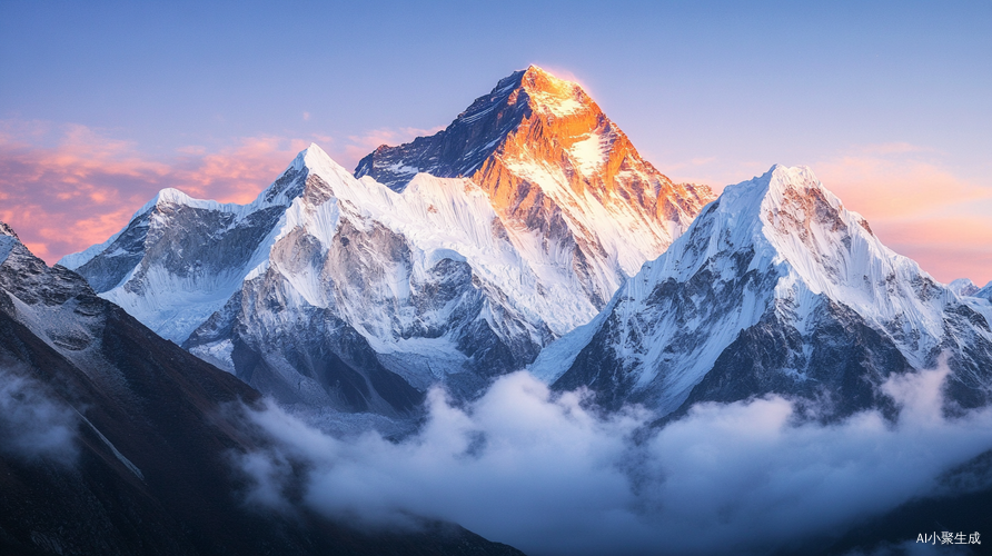 【基础场景】1. 巍峨雪山群在夜空下 4K超清细节2. 冷色调冰川与暖金色山尖形成渐变对比山体部分占全图的70%3. 山间薄雾如丝绸般流动