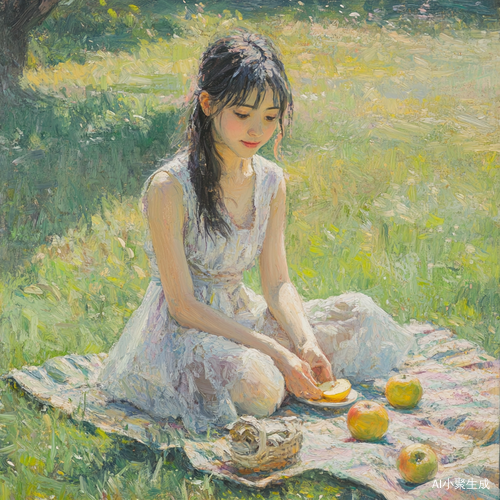 中国女孩坐在草坪的野餐垫上削苹果,印象派风格