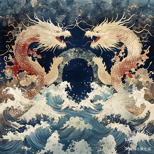 "动态剪影感强烈,三头六臂哪吒脚踏风火轮与龙王交战,浪尖托起夜光珊瑚,龙鳞采用鱼鳞状镂空雕刻,混天绫呈现半透明渐变效果,海水用层叠蓝白波纹皮影技法表现"