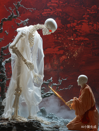 1. 白骨初现·幽林魅影提示词：侧影视角，月光穿透镂空皮影，白骨精化作白衣女子立于枯树旁，半透明纱裙飘带悬空，关节处有传统雕花连接点，孙悟空半蹲山石后火眼金睛发光，背景层叠山林用靛蓝渐变晕染，雾气粒子效果。-2. 妖雾幻化·戏法三重提示词：三连动态皮影框，第一格老妪拄拐杖褶皱皮肤用镂空网格表现，第二格少妇甩水袖半遮面，第三格骷髅骨架悬空旋转，孙悟空金箍棒划出红色光轨打破幻象，背景朱砂色云纹翻滚，皮影关节处做磨损做旧质感。-3. 真假难辨·师徒离心提示词：对角线构图，唐僧合掌垂目橙色袈裟飘起，沙僧挑担形成三角支撑，猪八戒捂耳躲闪，孙悟空倒悬金箍棒劈向白骨幻影，地面投影拉长呈锯齿状，皮影人物瞳孔用宝石切割式镂空表现眼神光。-4. 紧箍咒起·金箍坠地提示词：特写孙悟空跪地，紧箍咒放射金色锯齿光波，面部雕刻愤怒表情（额头三道火焰纹），金箍棒斜插地面溅起碎石粒子，背景暗红色佛经文字流动，皮影边缘做毛边处理模仿驴皮材质。-5. 云开雾散·真灵显形提示词：俯视镜头，白骨精真身碎裂成青玉色骨片漂浮，唐僧惊愕双手合十泛起金光，孙悟空腾空翻跃接住飘落的佛珠，地面阵法用阴阳鱼与梵文组合，皮影镂空处透出暖黄背光模拟油灯效果。-每个提