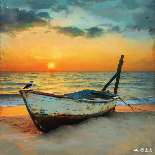夕阳西下，海边沙滩，一搜小船搁浅在沙滩，一只小鸟停在船桅杆上，油画效果