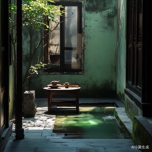 一个绿色调的小院，有茶桌茶具，有流水，有光影