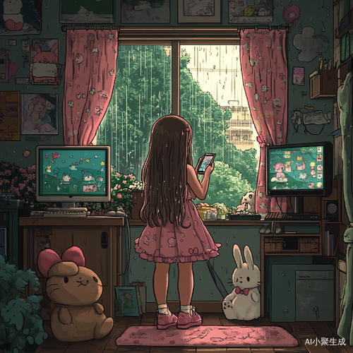 长发女孩粉色洛丽塔房间里的可爱世界
