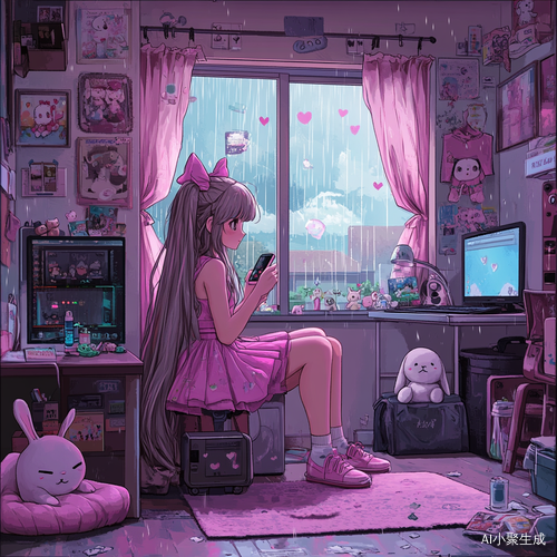 长发女孩粉色洛丽塔房间里的可爱世界