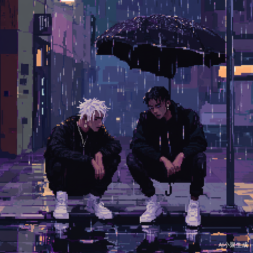 像素风双男主傍晚雨中街道旁的帅气相遇