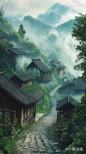 清晨薄雾中的中国山地村寨与吊脚楼的治愈意境