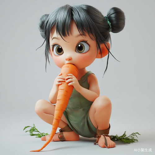 头像风格，一个小女孩，叼着胡萝卜，蹲在地上，整体为绿色