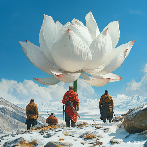 帮我生成一张图片:雪莲花和边防军还有哈萨克族。比例 1:1。