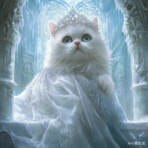 A Persian cat with exquisitely slender limbs graces an icy castle. Its soft, luxurious fur is rendered with meticulous detail, each strand seeming to have a life of its own. Adorned regally, it wears a diamond crown that sparkles with a thousand lights, the gems catching and reflecting the cold glow of the castle's interior. The cat is draped in a flowing white wedding dress, the fabric smooth and ethereal, billowing gently around its form. The castle, a masterpiece of ice, features intricate carvings t