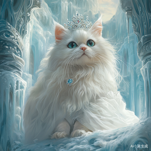 A Persian cat with exquisitely slender limbs graces an icy castle. Its soft, luxurious fur is rendered with meticulous detail, each strand seeming to have a life of its own. Adorned regally, it wears a diamond crown that sparkles with a thousand lights, the gems catching and reflecting the cold glow of the castle's interior. The cat is draped in a flowing white wedding dress, the fabric smooth and ethereal, billowing gently around its form. The castle, a masterpiece of ice, features intricate carvings t