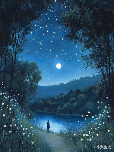 星光下的夜晚风景涵盖月亮树木花草人和萤火虫