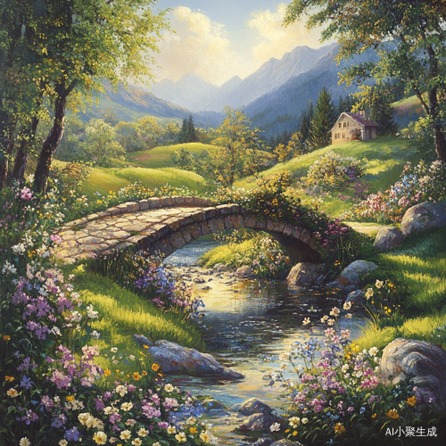 夏天的清晨，空气清新，山林里阳光灿烂，小溪流水小桥沐浴在阳光中，鸟语花香。