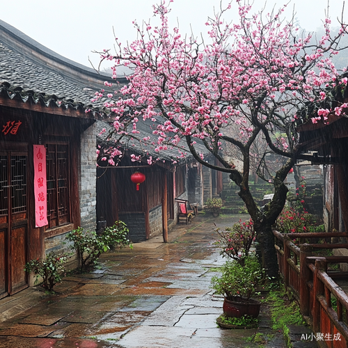 春天雨后的清晨，一派生机盎然的景象，天气湿漉，古朴的中国安徽农村，三二间房屋，错落有致，贴着红对联，排放整齐，宽敞的小院，木头篱笆，有鲜艳花草，郁郁葱葱的大树，一簇粉色腊梅花，真实自然，笔触清晰，高饱和度，细节丰富，高分辨率，半鸟瞰视角，