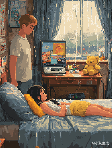 室内像素风格插画男孩凝视床上女孩的温馨场景