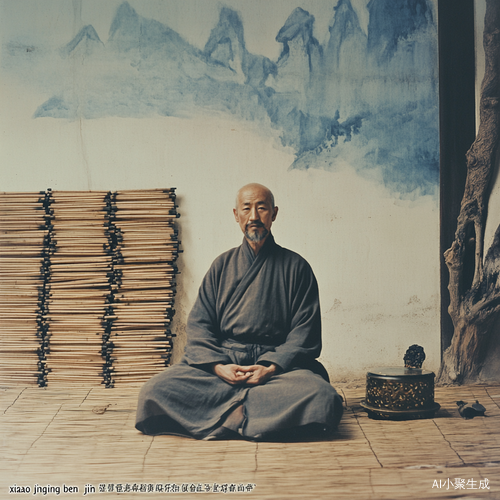 场景构图：司马迁以跪坐姿态居于画面中央，身后夯土墙面肌理斑驳，表面可见竹篾编织纹路与风化裂痕。左侧斜置梯形竹简架，分三层堆叠近百卷简册，部分简牒边缘磨损露出竹纤维。右后方立式木格窗棂间透出深青色夜空，一截虬曲枯枝横斜，弦月冷光在简册表面投下龟甲状格栅阴影。人物细节：司马迁面部呈深麦色，眉弓骨突出形成深邃眼窝，眼角鱼尾纹如刀刻般延伸至鬓角。鼻梁挺直但鼻翼两侧法令纹明显，下颌线条因缺齿稍显松弛。唇色苍白无血色，下巴光洁无任何须根残留。灰白头发以麻布巾扎成椎髻，发际线后移露出宽阔前额，耳际散落数缕银丝。服饰考据：身着右衽曲裾深衣，衣料为粗织苎麻本色，领缘及袖口镶靛青细边（宽度0.8厘米符合马王堆出土实物）。腰间束两指宽葛布带，左侧悬青玉髓印章（参考满城汉墓组佩形制）。曲裾下摆自然铺展于苇席，露出磨损严重的翘头布履，鞋底可见多次修补的葛麻补丁。器物陈设：1. 髹漆松木案几（长120cm×宽60cm×高30cm）表面细密龟裂纹中沁入墨渍，右端置错金云气纹博山炉，炉体高15cm，山形盖镂空处逸出青烟呈螺旋上升。2. 左案角青铜雁鱼灯展开双翼，灯盘盛半凝羊脂，灯烟经雁颈导入腹部清水。灯影在简面投射出水波纹，与墨字形成动态叠