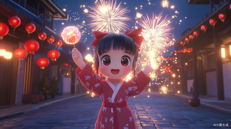 第一句【爆竹声中一岁除】5岁Q版3D动漫小女孩...(固定前缀),站在青石板巷口,双手举着迷你爆竹筒,身后是挂着红灯笼的屋檐,远处有零星的烟花绽放在靛蓝色夜空,雪花状的爆竹碎屑在空中飘落,特写肉嘟嘟的脸颊被爆竹光映得通红,杏眼闪着兴奋光芒,发髻红绳随动作飞扬