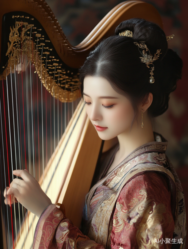 画面呈现古装场景，一位女子正专注弹奏竖琴。以下是详细提示词： 人物形象 - 外貌：女子面容姣好，眉眼间透着温婉与沉静。她的眉形纤细，如黛色弯月，恰到好处地衬托出清澈明亮的眼眸，此时眼眸低垂，专注于手中的竖琴。鼻梁小巧而挺直，嘴唇轻抿，呈现出淡淡的自然色泽，神情中带着一丝古典的端庄与娴静。- 发型：头发精心梳理成典雅的发髻，发髻上装饰有华丽的金色发饰，发饰造型精美，可能有复杂的花纹雕刻或点缀着细碎珠宝，彰显出古典的精致感。发髻周围还搭配有深色发带，与整体发型相呼应，增添了几分庄重。- 服饰：身着一袭传统古装，整体色调以深红和暗金色为主，衣料看起来质地厚重且富有质感，可能是锦缎材质。衣服上布满了精致的花纹图案，花纹或为繁复的几何形状，或为寓意吉祥的传统纹样，采用刺绣工艺，绣工精细，金线银线交织，在光线下闪烁微光。衣服的领口、袖口和衣襟边缘有深色的镶边，镶边处也有细腻的装饰纹路。宽大的衣袖自然垂落，衣褶线条流畅，随着人物动作微微起伏，体现出布料的垂坠感。 乐器与动作 - 乐器：她面前摆放着一架竖琴，竖琴整体造型优美，木质琴身呈深棕色，表面光滑有光泽。琴头雕刻有精美的金色龙形装饰，龙身蜿蜒，栩栩如生，彰显出华丽与尊贵