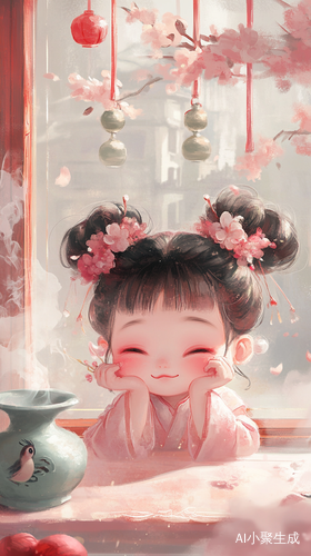 古装小女孩揉眼打哈欠的中国古代卡通场景