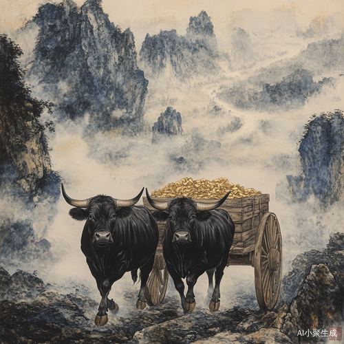 两头黑牛,拉着车车里装满金块,从大山里向前