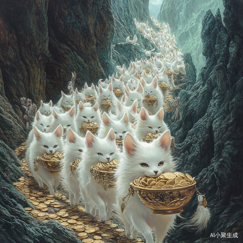 雪白灵狐队伍壮观叼金碗从山岭缓缓走来
