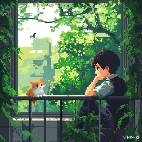 像素风格插画，窗前场景。穿着学院制服的少年坐在窗前看着窗外，一只手拖着下巴，静静看着远处，旁边有只三花小猫，窗在栏杆缠绕着绿植，栏杆上有几只鸟，天空明亮，绿意盎然，大树环绕在窗前，像素网格中呈现马赛克渐变。