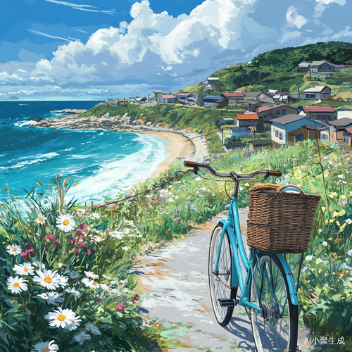 日系动漫风格骑行海边小镇的清新风景
