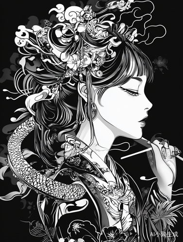 南昌绳金塔，传统动画，涂鸦，黑色背景，白色线条风格