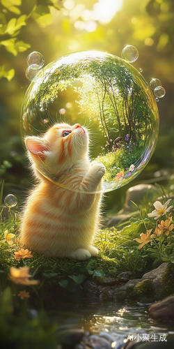 超可爱小猫吹泡泡、一个大泡泡里有森林、花草、小猫绒毛刻画细腻、阳光照在xiao ma小猫身上、背景是小溪旁、草地上、高清度、高去污。可爱