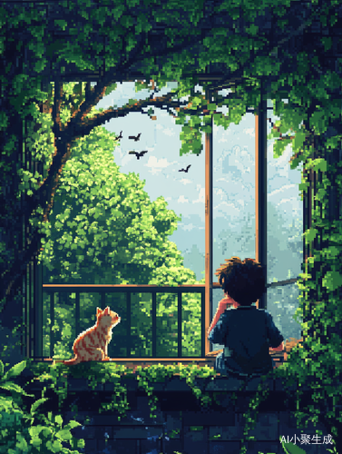 像素风格插画,窗前场景。穿着学院制服的少年坐在窗前看着窗外,一只手拖着下巴,静静看着远处,旁边有只三花小猫,窗在栏杆缠绕着绿植,栏杆上有几只鸟,天空明亮,绿意盎然,大树环绕在窗前,像素网格中呈现马赛克渐变。