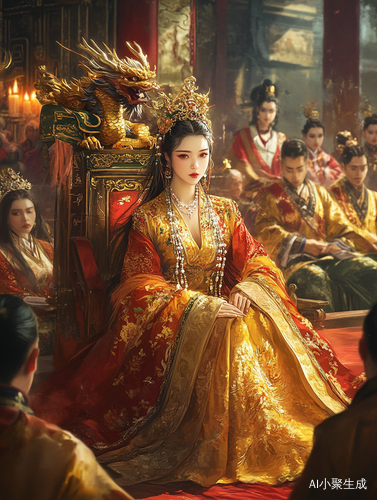 一个古代女人正坐在皇位上,手中搂着一个貌美的男子,脚下是女的大臣和男子