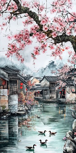 江南水乡，很多花，鸭子