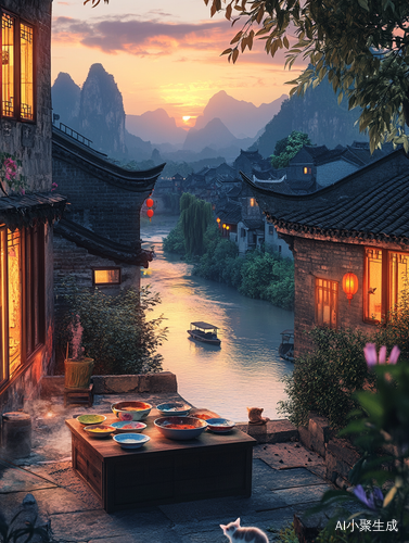 中国传统的临河边农村小院，傍晚时分，农村民居屋里窗口有灯光映出，小院里有一只小方桌子，桌子上放着几碗菜，菜的颜色各异，有一只小猫咪在院里玩，远处背景有隐隐约约的山峦，夕阳照在近处小院的外面河上，金光闪闪，有一艘打渔船驶过，傍晚的天空色彩漂亮