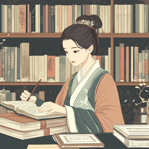 身穿中式服装的女高校老师奋斗科研的卡通图片