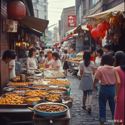 80年代那烟火气可太足啦！大街小巷摆满小吃摊，烤红薯、糖炒栗子香飘老远。邻里间总爱端着碗串门唠嗑，孩子在胡同里疯跑嬉闹。商场里五光十色，喇叭里放着流行歌。那感觉，就像一杯热乎甜美的奶茶，暖到心窝啦！