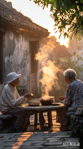 ### 文案在80年代的农村小院里，夕阳慵懒地洒下余晖，给一切都裹上了一层金黄。两位老人静静地坐在旧木椅上，椅子在他们偶尔的挪动下会发出“嘎吱”的轻响。院子里，石桌上放着一盘自家种的花生，旁边是用粗瓷大碗盛着的茶水，还冒着丝丝热气。爷爷戴着那顶洗得泛白的帽子，手里拿着蒲扇，有一下没一下地扇着，偶尔还会拿起烟袋，“吧嗒吧嗒”地吸上几口，烟圈缓缓升腾。奶奶则穿着朴素的碎花布衫，眼神温柔，正一针一线地缝补着旧衣物。不远处的炉灶里，柴火正“噼里啪啦”地燃烧着，锅里煮着的野菜粥散发出阵阵诱人的香气。偶尔有炊烟从烟囱里悠悠飘出，在空中缓缓消散。他们轻声聊着过去的事儿，不时发出爽朗又温暖的笑声，那笑声仿佛能驱散所有的疲惫和烦恼。岁月在他们的脸上刻下了深深的皱纹，但此刻，他们的笑容却如同这温暖的夕阳，让整个小院都弥漫着满满的温馨与安宁。### AI提示词80年代农村小院，夕阳余晖笼罩，两位老人坐在旧木椅上，石桌上有一盘花生和粗瓷大碗盛着的热茶，爷爷戴泛白帽子拿蒲扇、吸着烟袋，奶奶穿碎花布衫缝补旧衣。不远处炉灶柴火燃烧，煮着野菜粥，烟囱飘出袅袅炊烟。两位老人面带微笑轻声聊天，画面温馨有烟火气，暖黄色色调，写实风格