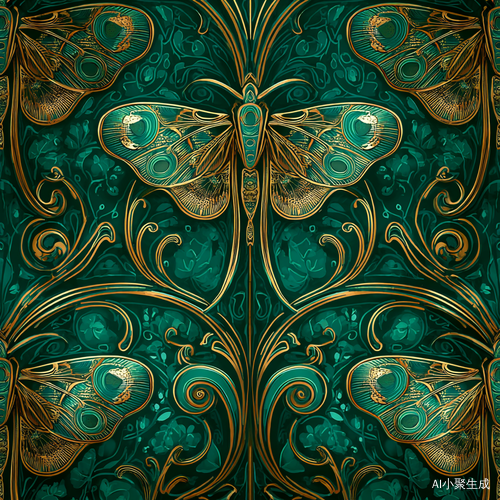 Art Nouveau Endless Band Pattern with Peacock Butterflies and Deco Curves