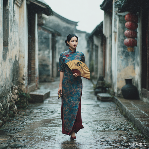古代窈窕淑女旗袍漫步古街手持小扇