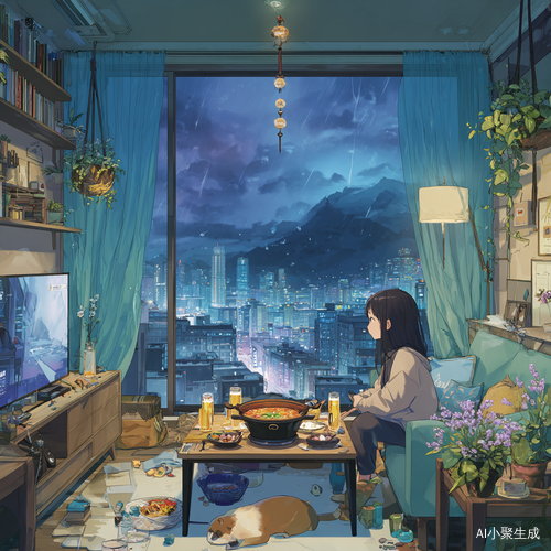 动漫人物生成治愈插画：傍晚，欧式装修风格的房间，一边墙是全景落地窗，天蓝色的窗帘，一个女孩一边看电视一边吃重庆火锅，电视机做背景墙，火锅冒着热气。窗外下着雨，有路灯，有高楼，有山。桌上摆着啤酒，火锅菜。房间有书柜，沙发，有盆景，挂着风铃，有鲜花，一条中华田园犬趴在地毯上，温馨画面，高清画面，鸟瞰视角