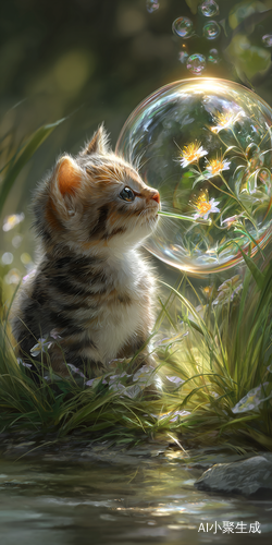 超可爱小猫吹泡泡、一个大泡泡里有森林、花草、小猫绒毛刻画细腻、阳光照在xiao ma小猫身上、背景是小溪旁、草地上、高清度、高去污。可爱