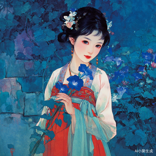 1. 云鬓高耸花钿璀璨，黛眉如画眼波流转，红唇轻启似吐幽兰，身着轻纱曼舞，身姿婀娜，宛如天仙下凡的古风美女。2. 长发半束，白色小花发饰俏皮，着红色抹胸搭浅绿渐变纱衫纱裙，颈间银链精致，手持蓝牵牛花，浅笑于绿意间的东方古风女子。3. 身着浅色系汉服，衣上花卉精致，腰间彩带摇曳，发间粉花添柔，在朦胧蓝调背景下尽显唯美质感的古风佳人。请根据上面三个提示词生成三幅的图画