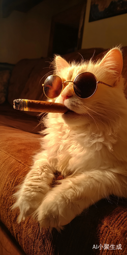 一只猫戴着墨镜坐在沙发上抽着雪茄