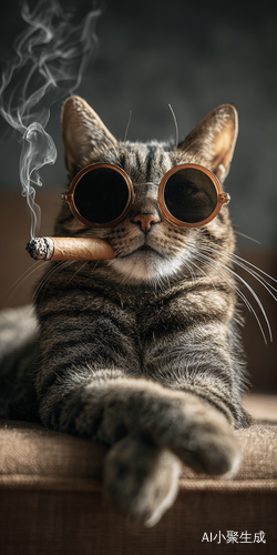 一只猫戴着墨镜坐在沙发上抽着雪茄