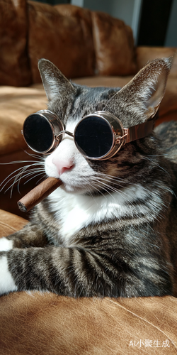 一只猫戴着墨镜坐在沙发上抽着雪茄