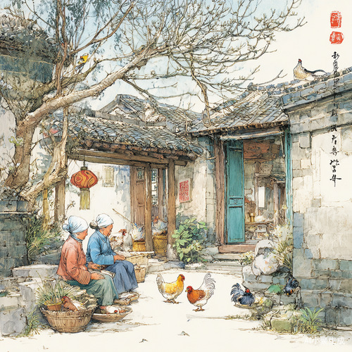 鸟叔描述一个东北,庭院老人在晒太阳,老奶奶在长椅上悠闲着乘凉。大。大树上小鸟在叽喳的叫着,大黄狗在一边摇着尾巴。大公鸡在鸡笼里嘎嘎地叫着