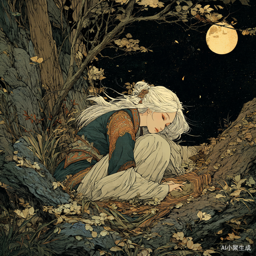 夜色中的古风白发美人静卧树旁