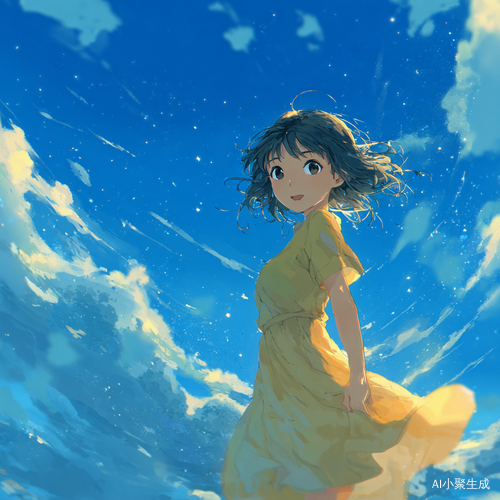 蓝白色的天空，淡黄的裙子，一个小女孩，蓝色眼睛明亮