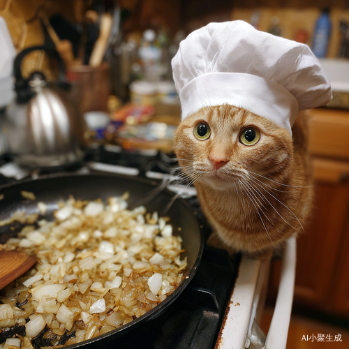 一只带着厨师帽的猫咪在炒菜
